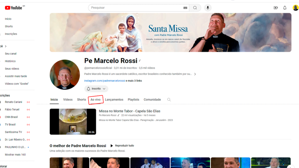 Como posso assistir à missa do Padre Marcelo Rossi ao vivo no YouTube