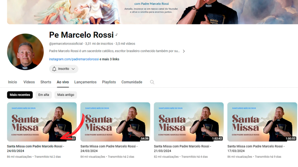 Missa Padre Marcelo Rossi hoje: canal no YouTube transmite missas pela internet — Foto: Reprodução/Rodrigo Fernandes
